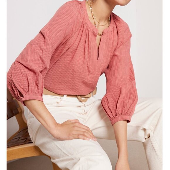 NEW Evereve Ingrid Textured Stripe Top Cotton Blend Rusted Rose Women's XS - Picture 9 of 9